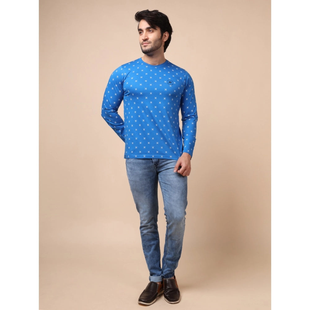 Men's Casual Cotton Printed Round Neck Full Sleeve T-Shirt (Blue)