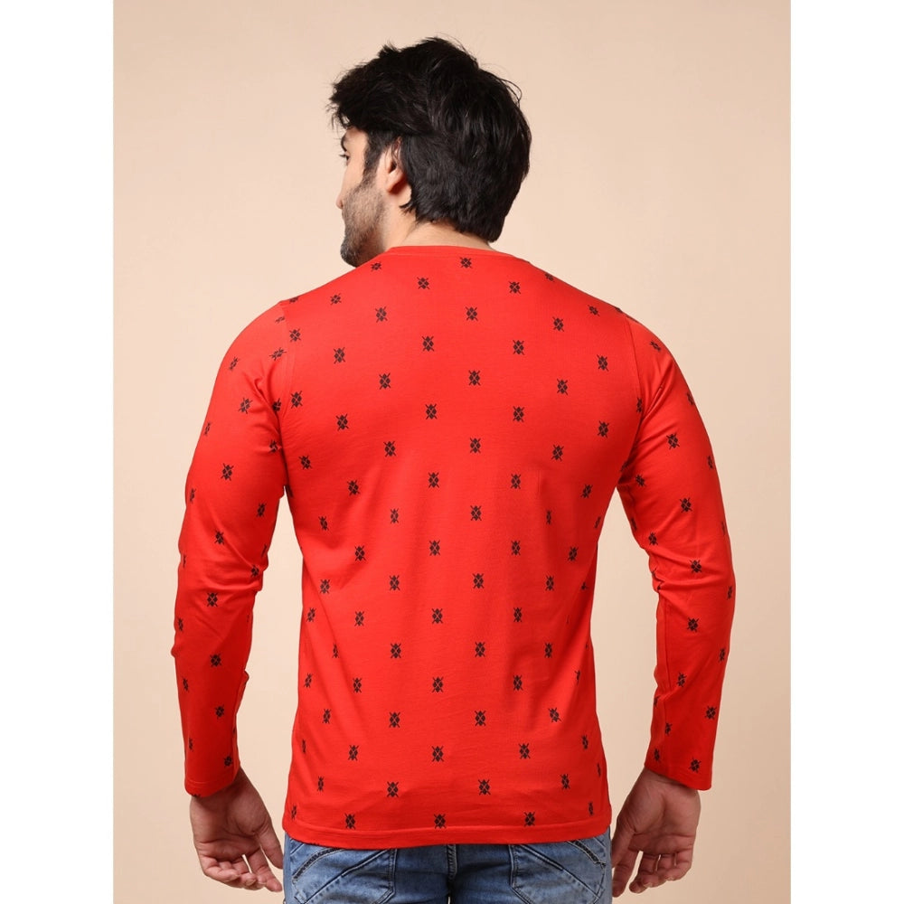 Men's Casual Cotton Printed Round Neck Full Sleeve T-Shirt (Red)