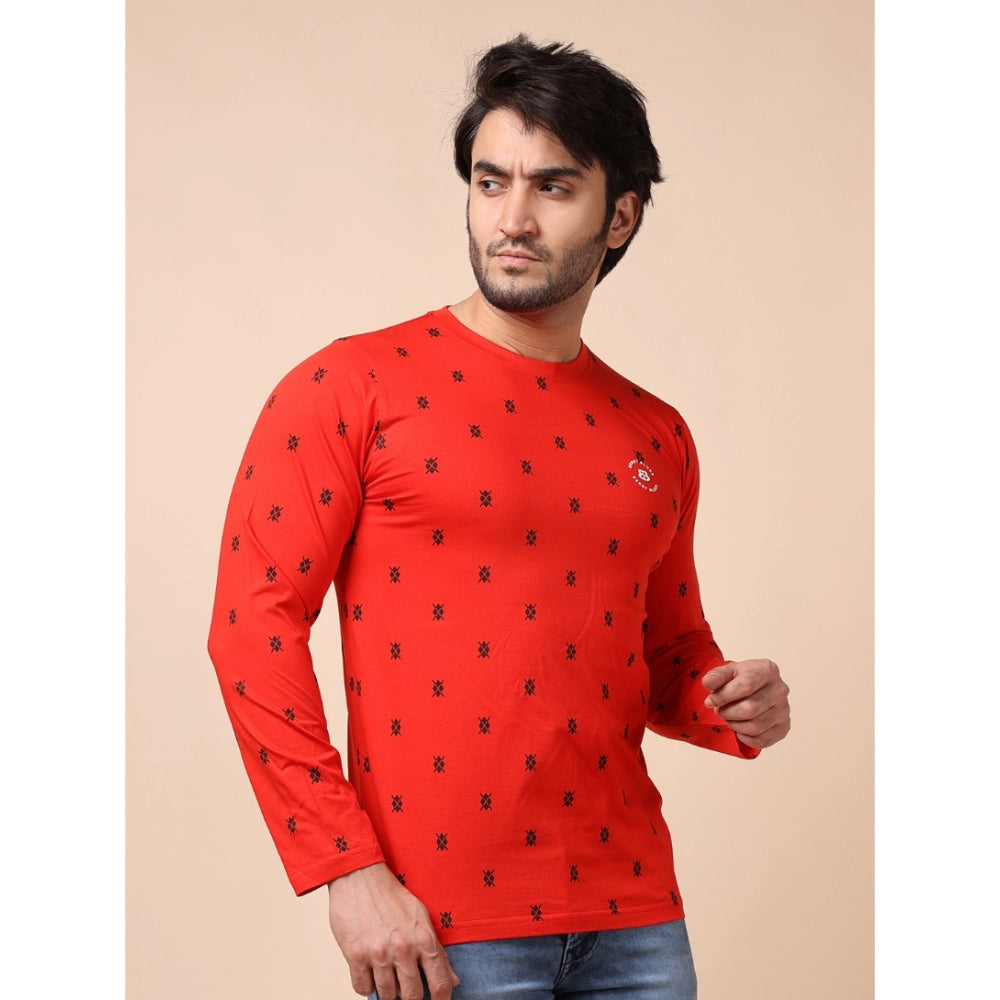 Men's Casual Cotton Printed Round Neck Full Sleeve T-Shirt (Red)