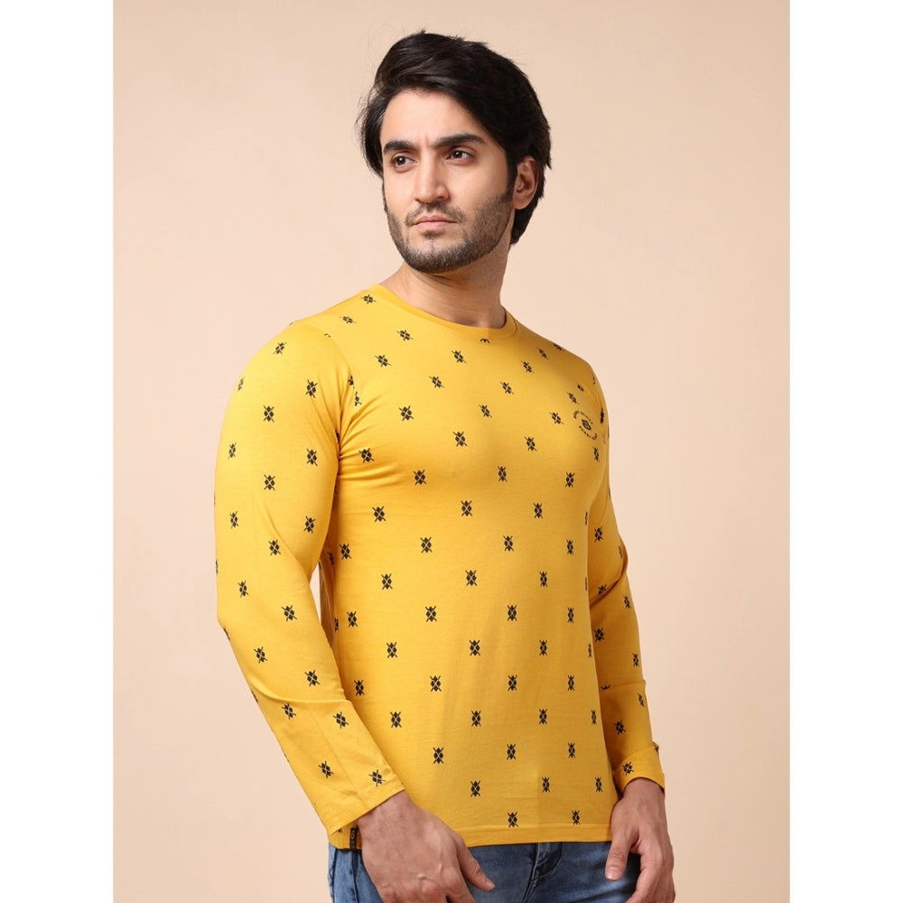 Men's Casual Cotton Printed Round Neck Full Sleeve T-Shirt (Mustard)