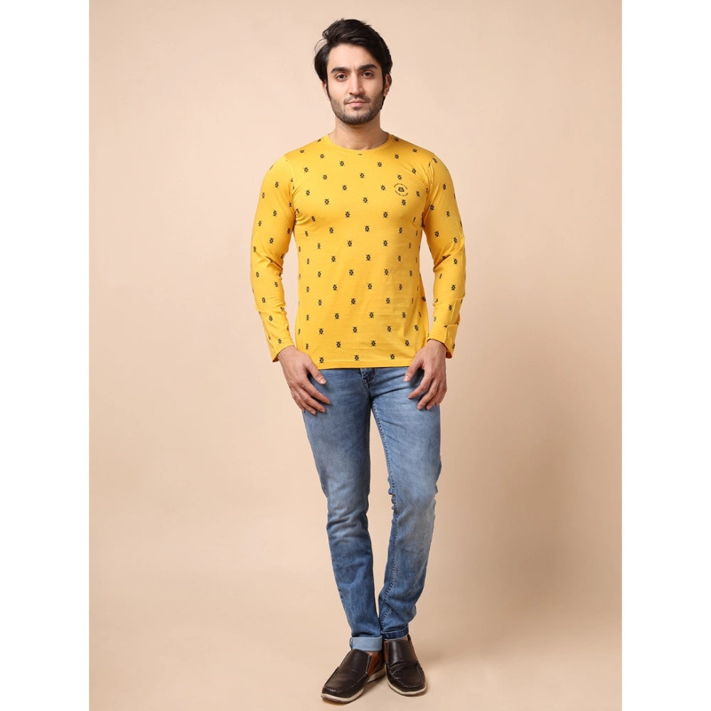 Men's Casual Cotton Printed Round Neck Full Sleeve T-Shirt (Mustard)