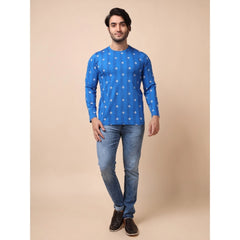 Men's Casual Cotton Printed Round Neck Full Sleeve T-Shirt (Blue)