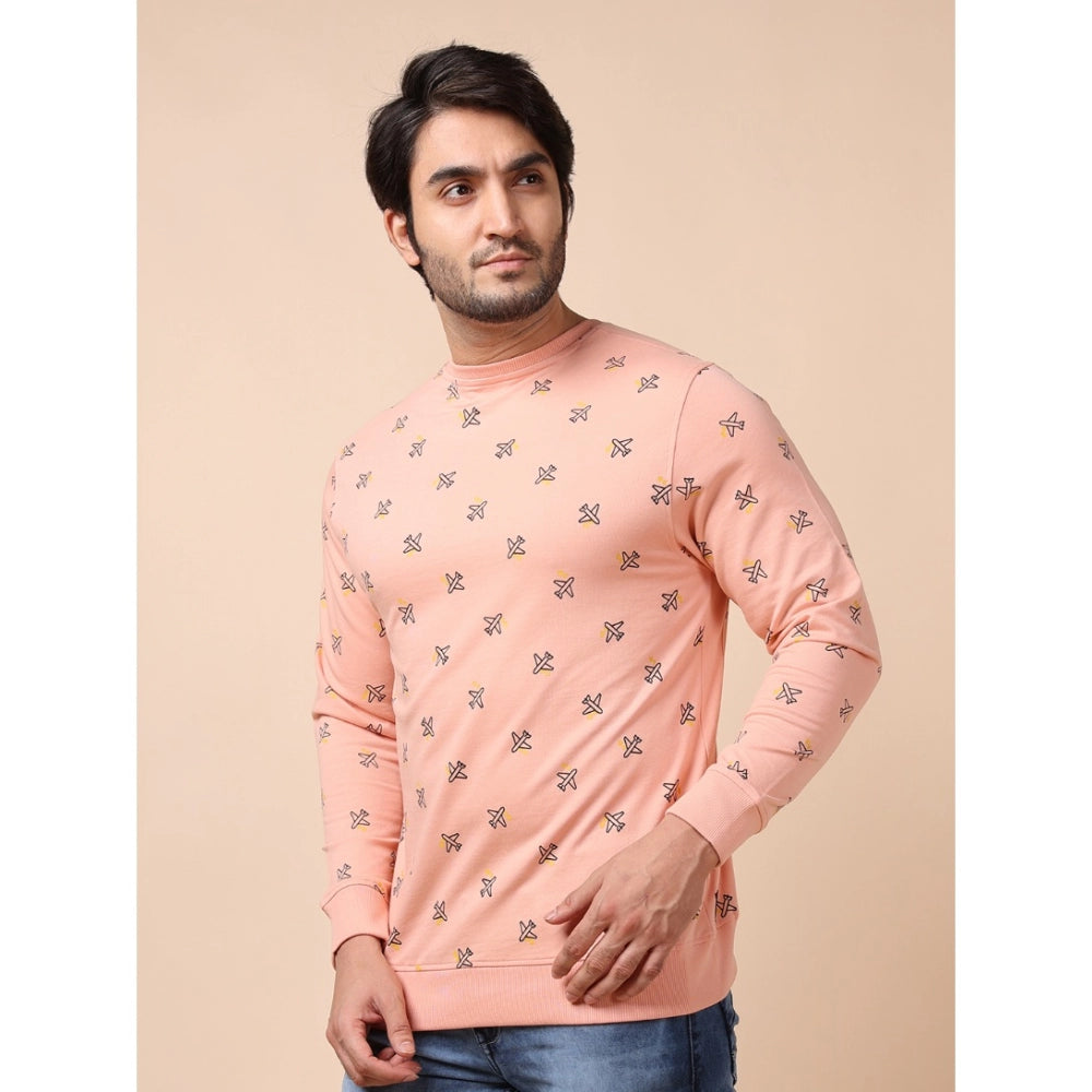 Men's Casual Cotton Printed Round Neck Full Sleeve Sweat Shirt (Peach)