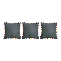 Cotton Solid Pom Pom Cushion Covers (Grey, Size: 18x18 In)