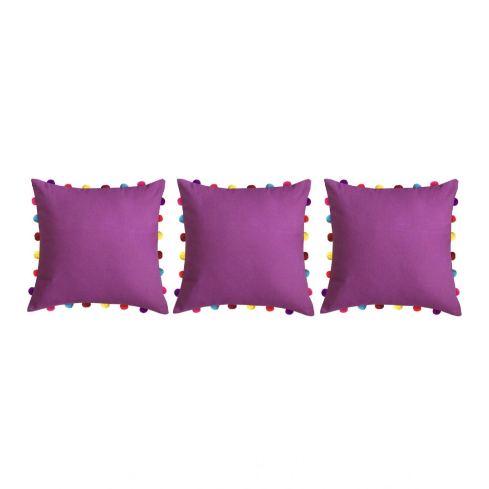 Cotton Solid Pom Pom Cushion Covers (Purple, Size: 18x18 In)