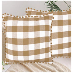 Pack of 2 Cotton Checkered Cushion Cover With Pom Pom (Beige, Size: 20x20 In)