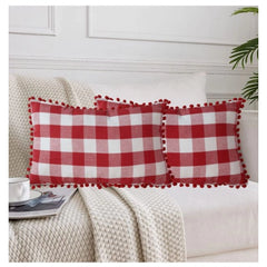 Pack of 2 Cotton Checkered Cushion Cover With Pom Pom (Red, Size: 12x20 In)