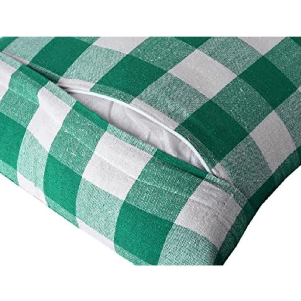 Pack of 4 Cotton Checkered Cushion Cover With Pom Pom (Green, Size: 16x16 In)