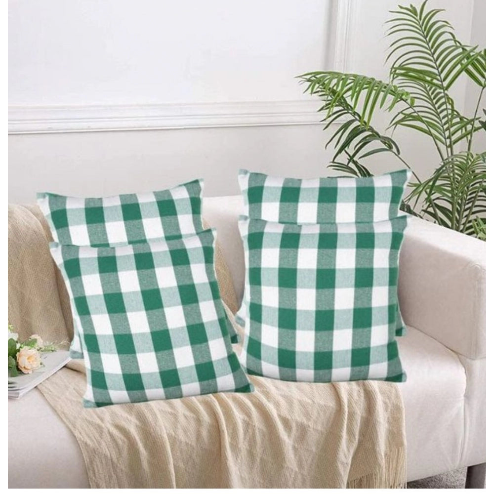 Pack of 4 Cotton Checkered Cushion Cover With Pom Pom (Green, Size: 16x16 In)