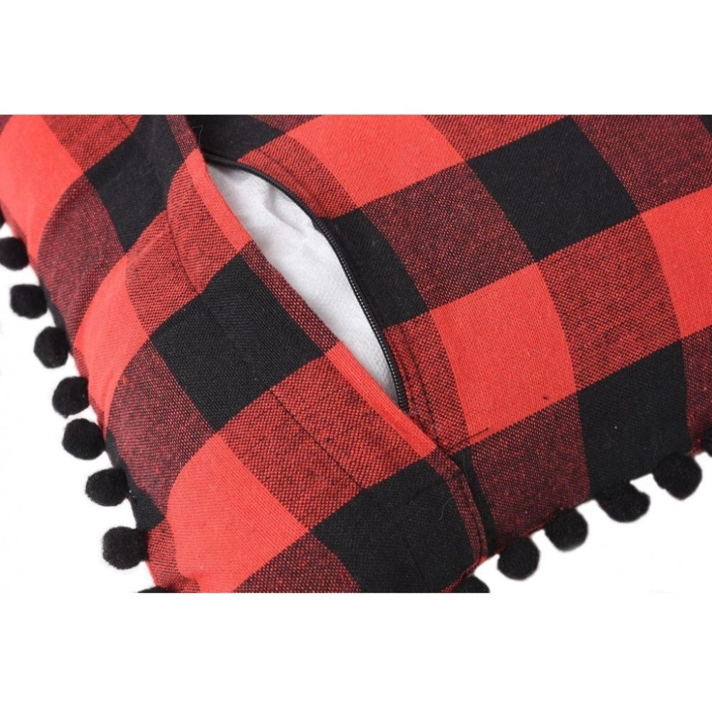 Pack of 2 Cotton Checkered Cushion Cover With Pom Pom (Red &amp; Black, Size: 12x20 In)