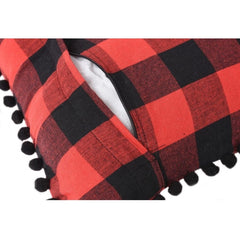 Pack of 2 Cotton Checkered Cushion Cover With Pom Pom (Red &amp; Black, Size: 18x18 In)