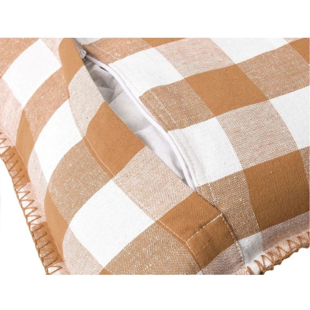 Pack of 2 Cotton Checkered Cushion Cover With Blanket Stitch (Beige, Size: 24x24 In)