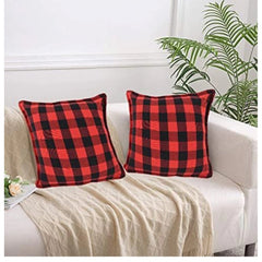 Pack of 2 Cotton Checkered Cushion Cover With Blanket Stitch (Red &amp; Black, Size: 24x24 In)