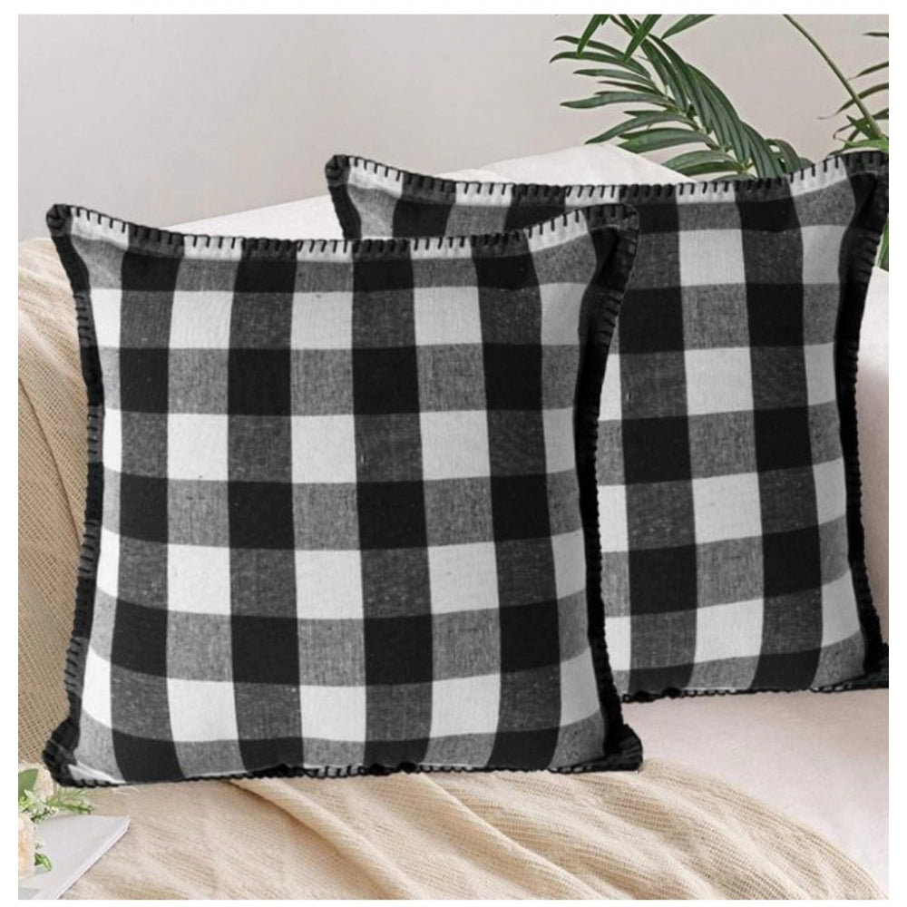 Pack of 2 Cotton Checkered Cushion Cover With Blanket Stitch (Black &amp; White, Size: 18x18 In)