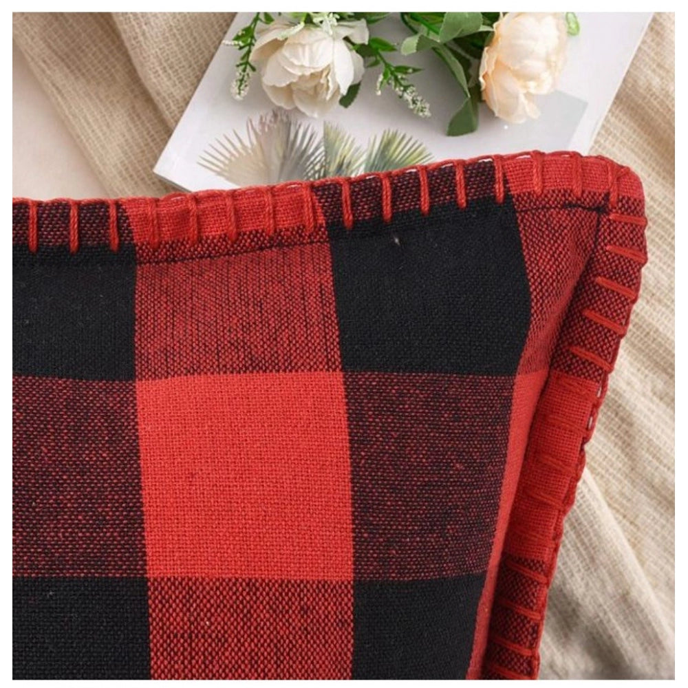 Pack of 2 Cotton Checkered Cushion Cover With Blanket Stitch (Red &amp; Black, Size: 12x20 In)