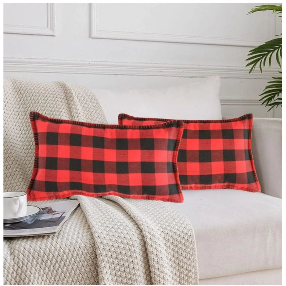 Pack of 2 Cotton Checkered Cushion Cover With Blanket Stitch (Red &amp; Black, Size: 12x20 In)