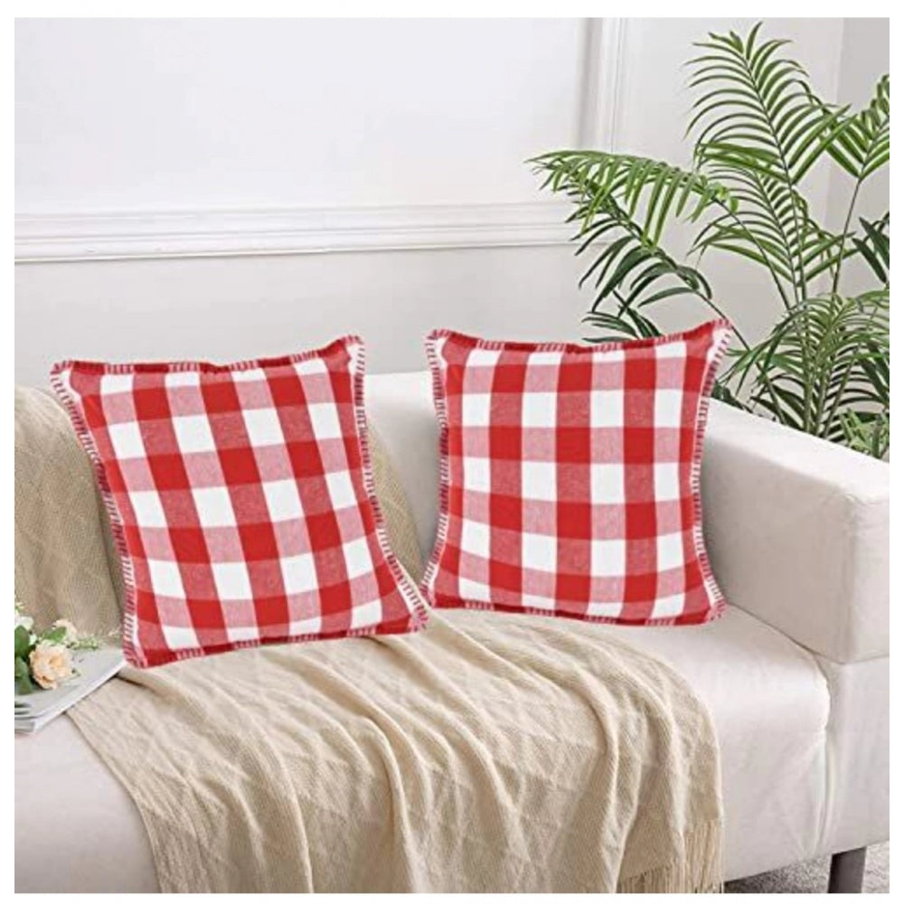 Pack of 2 Cotton Checkered Cushion Cover With Blanket Stitch (Red, Size: 18x18 In)