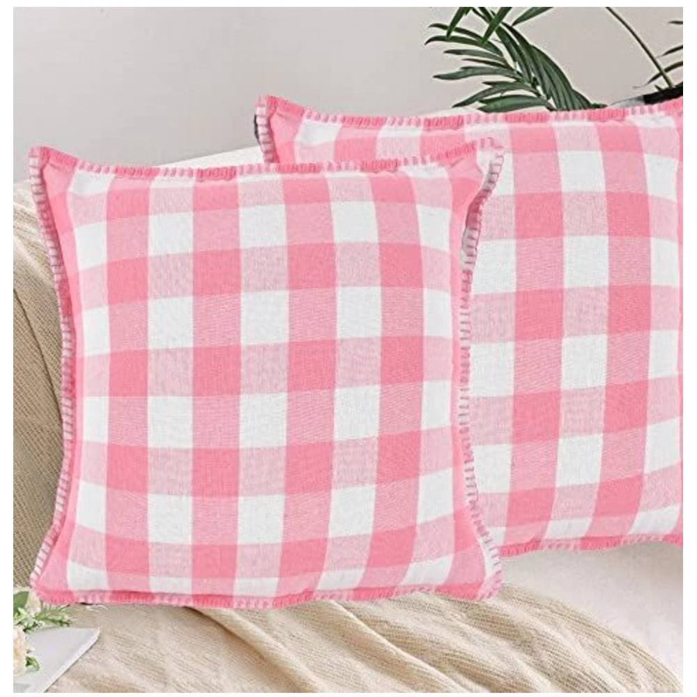 Pack of 2 Cotton Checkered Cushion Cover With Blanket Stitch (Baby Pink, Size: 16x16 In)