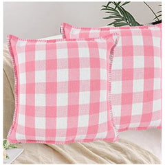 Pack of 2 Cotton Checkered Cushion Cover With Blanket Stitch (Baby Pink, Size: 16x16 In)