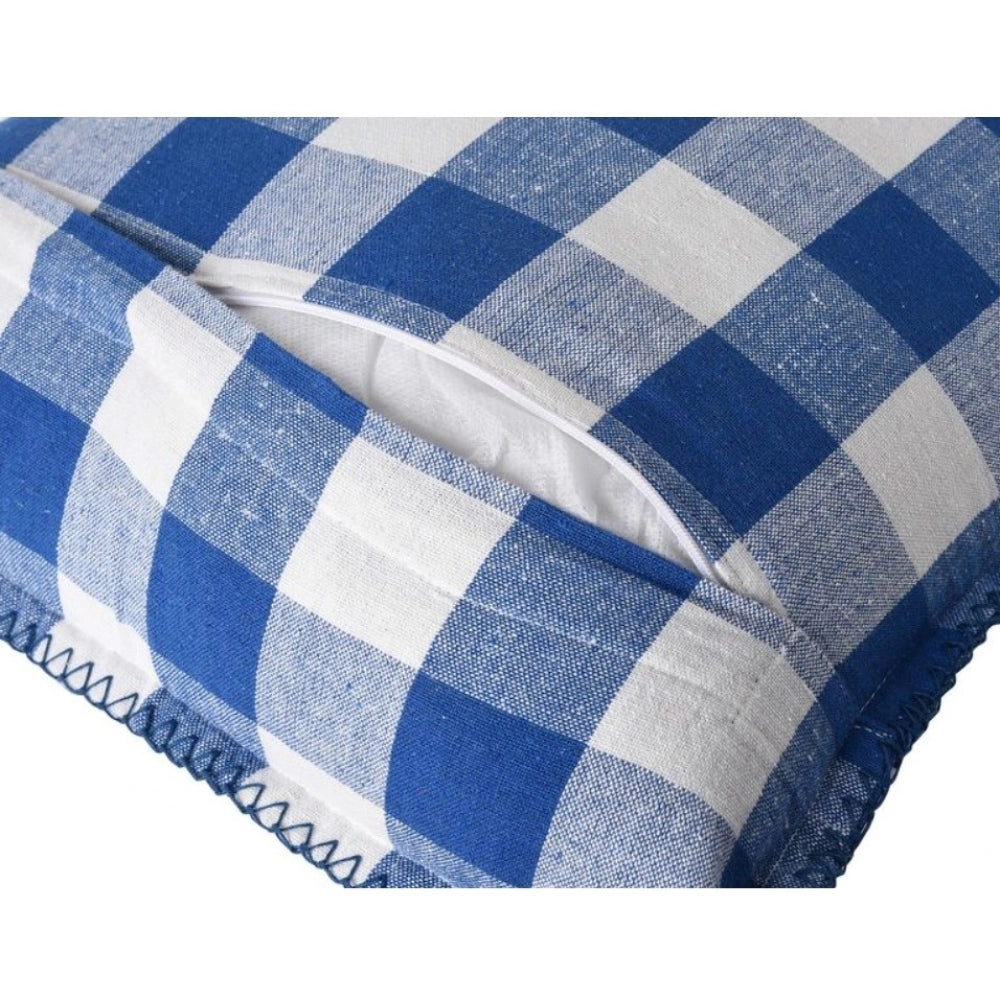 Pack of 2 Cotton Checkered Cushion Cover With Blanket Stitch (Blue, Size: 18x18 In)