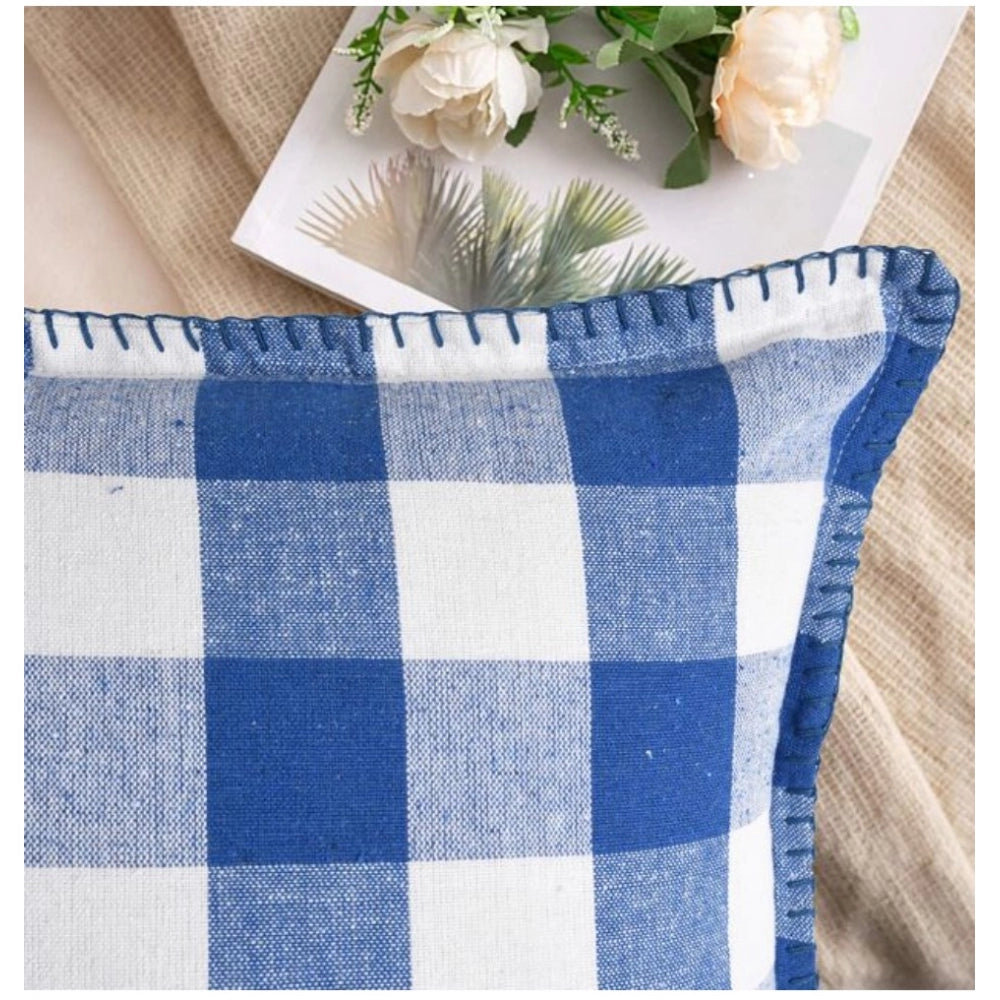 Pack of 2 Cotton Checkered Cushion Cover With Blanket Stitch (Blue, Size: 18x18 In)