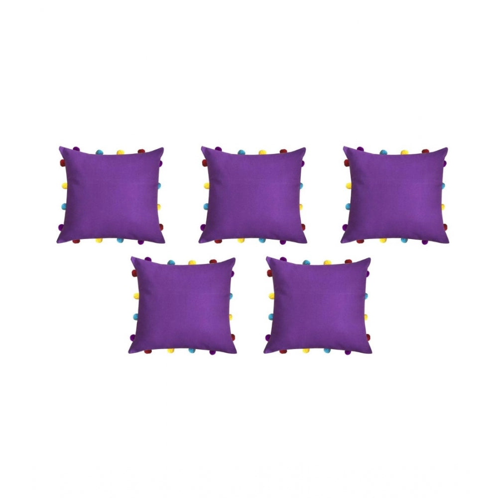 Cotton Solid Pom Pom Cushion Covers (Dark Purple, Size: 14x14 In)