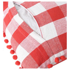 Pack of 2 Cotton Checkered Cushion Cover With Pom Pom (Red, Size: 12x20 In)