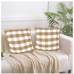 Pack of 2 Cotton Checkered Cushion Cover With Pom Pom (Beige, Size: 20x20 In)