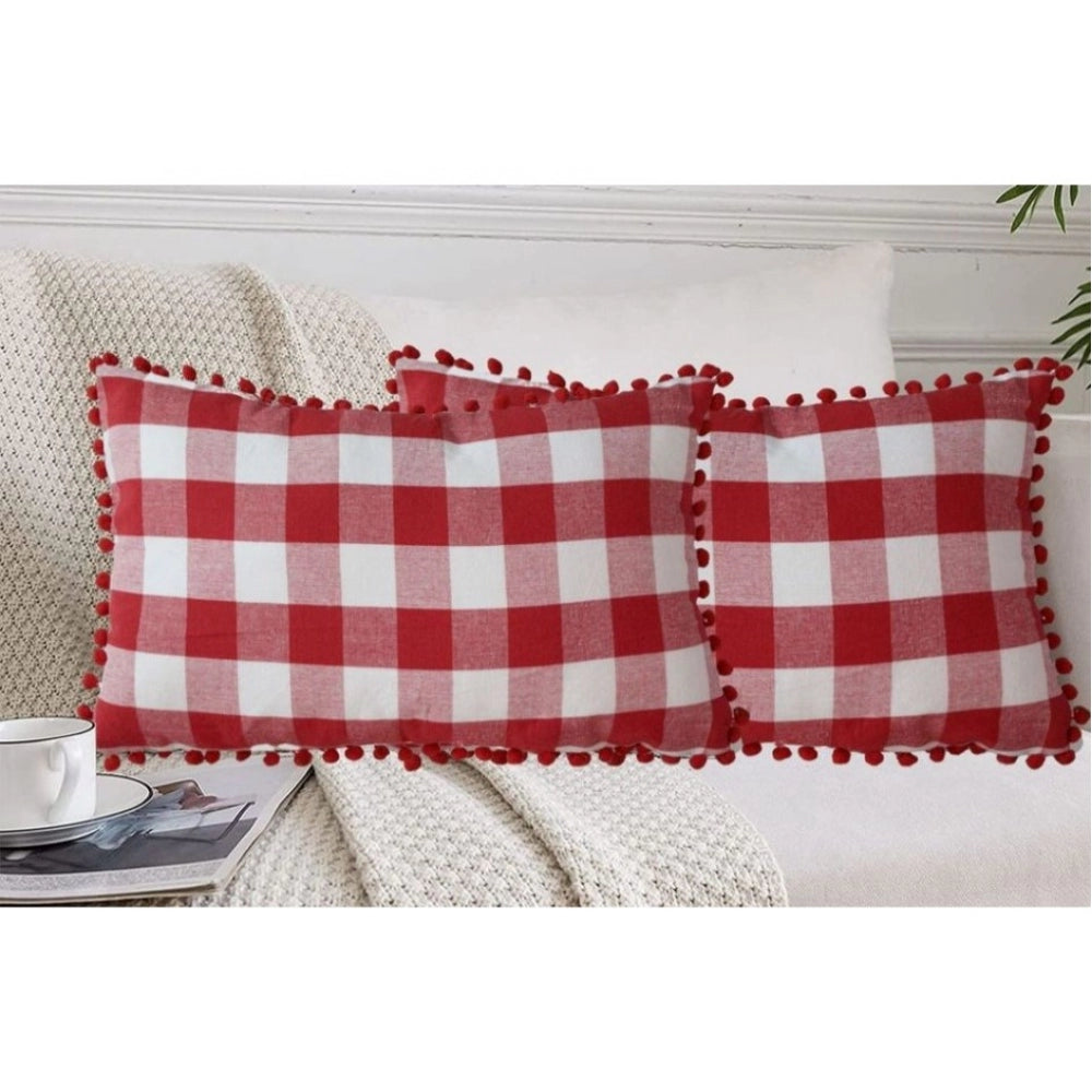 Pack of 2 Cotton Checkered Cushion Cover With Pom Pom (Red, Size: 12x20 In)