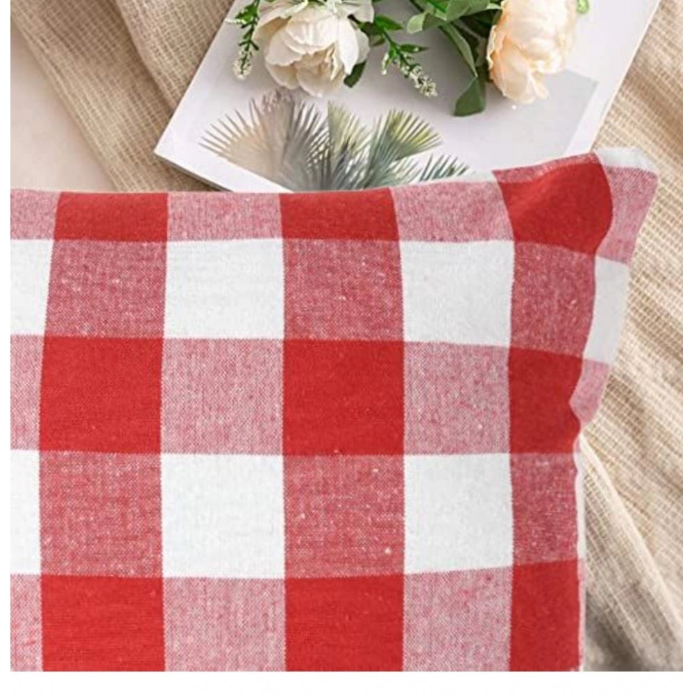 Pack of 4 Cotton Checkered Cushion Cover With Pom Pom (Red, Size: 20x20 In)