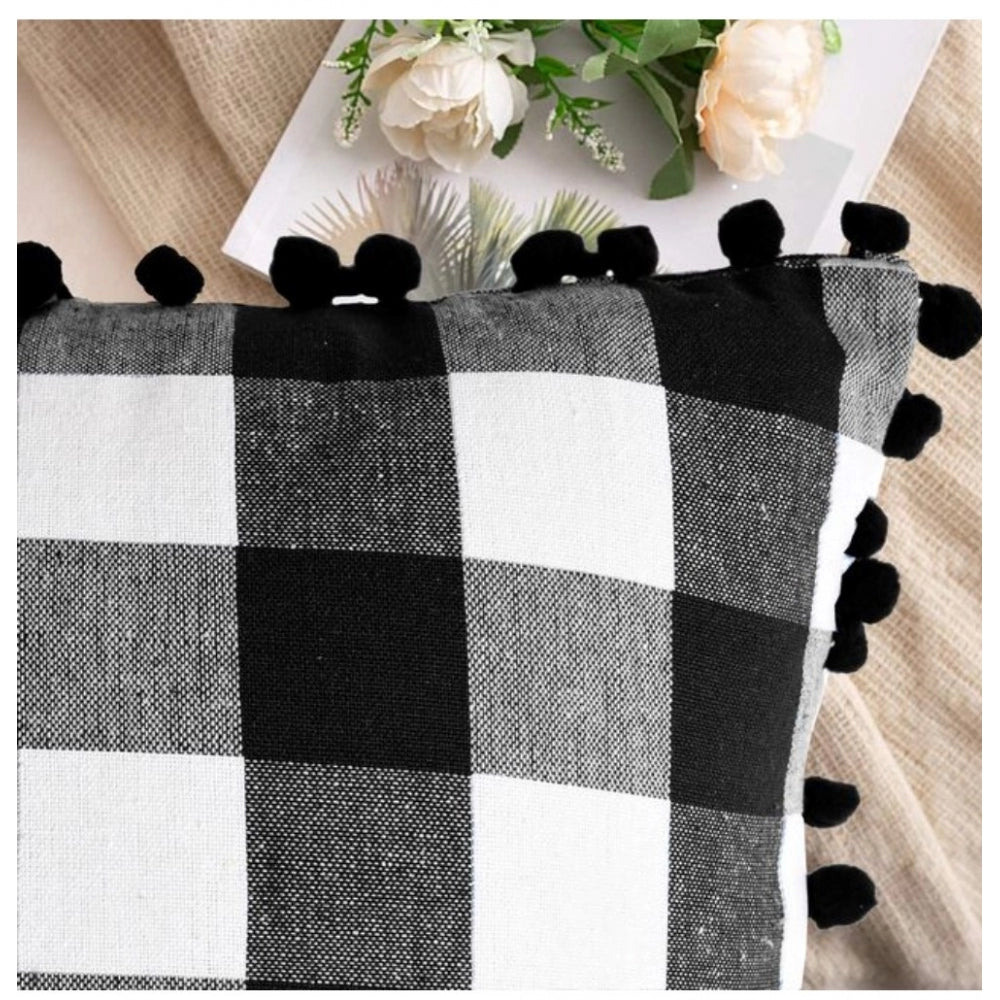 Pack of 2 Cotton Checkered Cushion Cover With Pom Pom (Black, Size: 18x18 In)