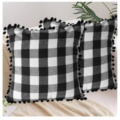 Pack of 2 Cotton Checkered Cushion Cover With Pom Pom (Black, Size: 18x18 In)