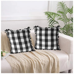 Pack of 2 Cotton Checkered Cushion Cover With Pom Pom (Black, Size: 18x18 In)