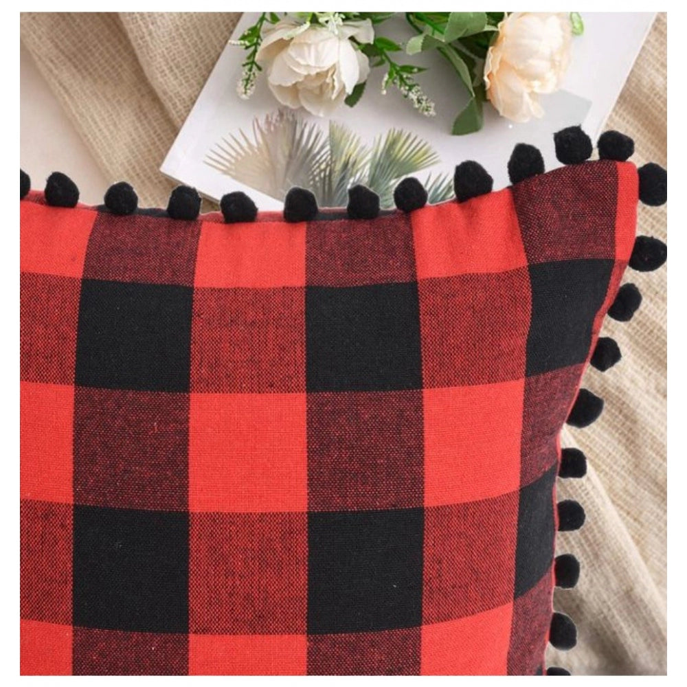 Pack of 2 Cotton Checkered Cushion Cover With Pom Pom (Red &amp; Black, Size: 12x20 In)