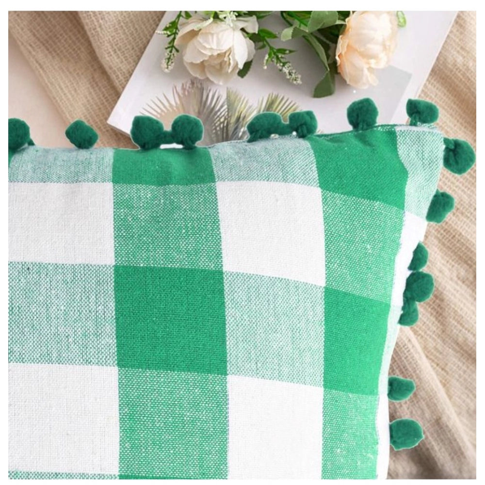 Pack of 2 Cotton Checkered Cushion Cover With Pom Pom (Green, Size: 12x20 In)