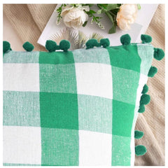 Pack of 2 Cotton Checkered Cushion Cover With Pom Pom (Green, Size: 12x20 In)