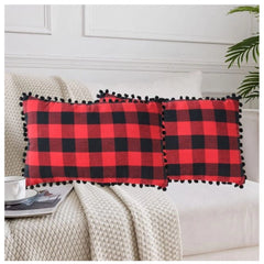 Pack of 2 Cotton Checkered Cushion Cover With Pom Pom (Red &amp; Black, Size: 12x20 In)