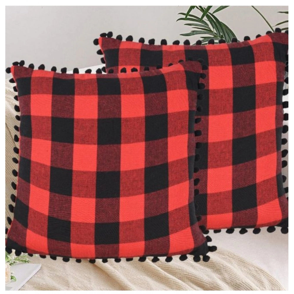 Pack of 2 Cotton Checkered Cushion Cover With Pom Pom (Red &amp; Black, Size: 18x18 In)