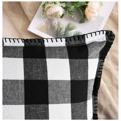 Pack of 2 Cotton Checkered Cushion Cover With Blanket Stitch (Black &amp; White, Size: 18x18 In)