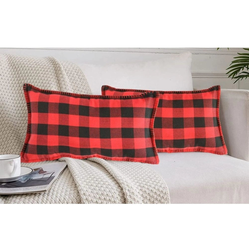 Pack of 2 Cotton Checkered Cushion Cover With Blanket Stitch (Red &amp; Black, Size: 12x20 In)