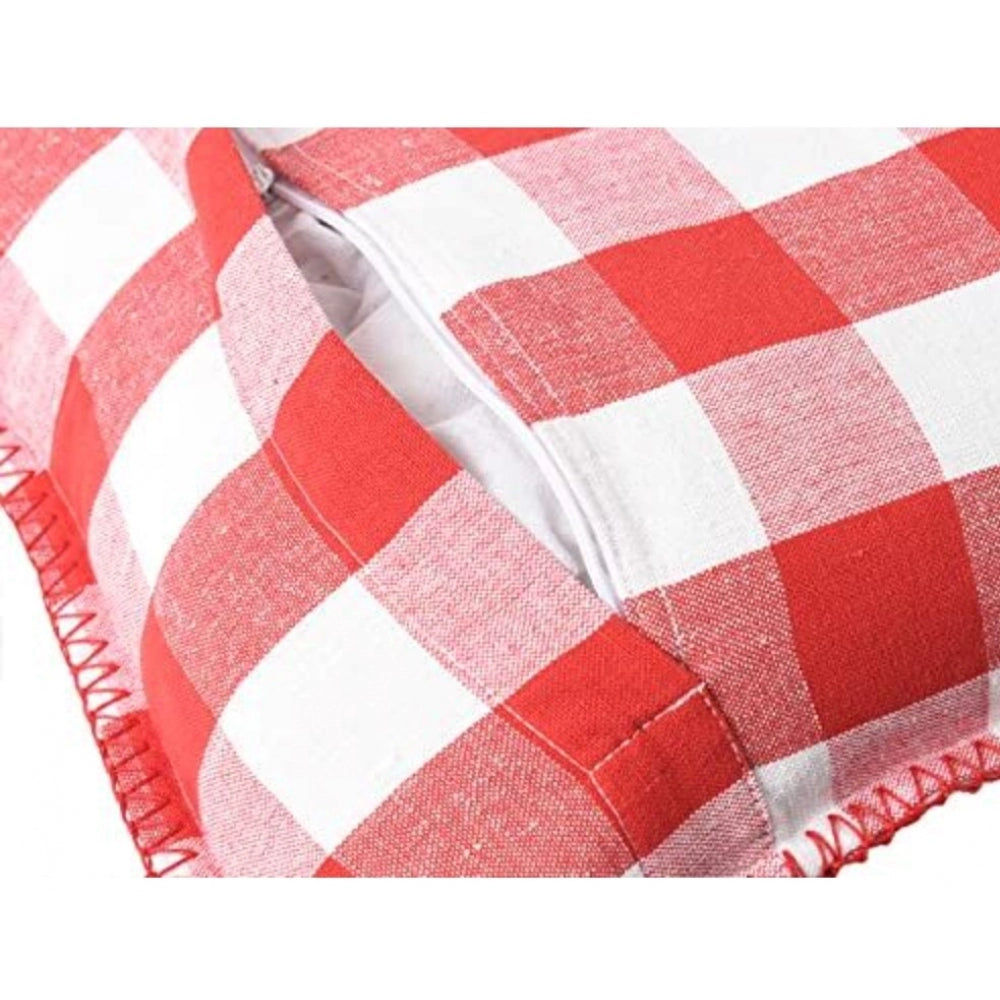 Pack of 2 Cotton Checkered Cushion Cover With Blanket Stitch (Red, Size: 18x18 In)