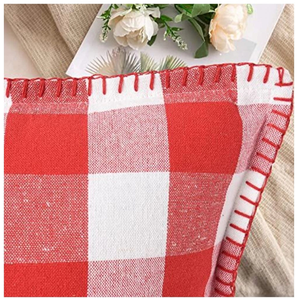 Pack of 2 Cotton Checkered Cushion Cover With Blanket Stitch (Red, Size: 18x18 In)