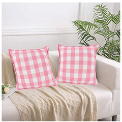 Pack of 2 Cotton Checkered Cushion Cover With Blanket Stitch (Baby Pink, Size: 16x16 In)