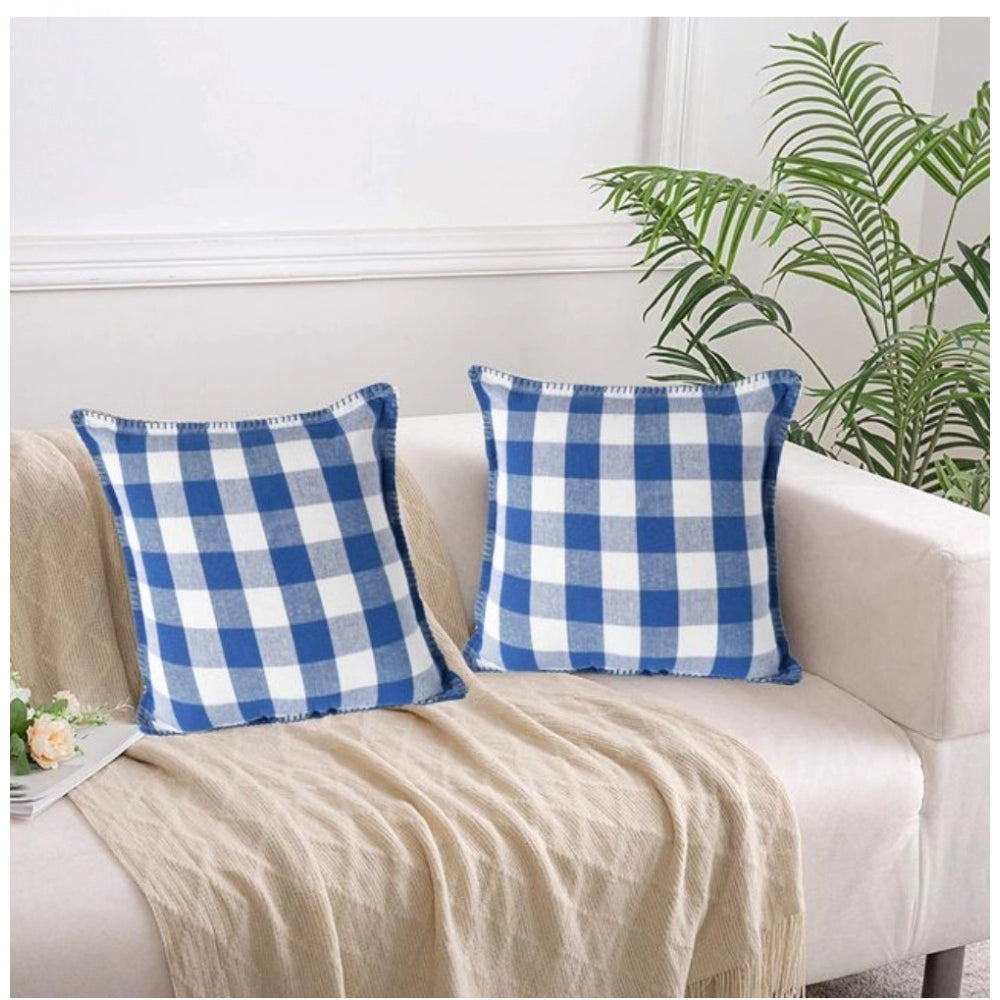 Pack of 2 Cotton Checkered Cushion Cover With Blanket Stitch (Blue, Size: 18x18 In)