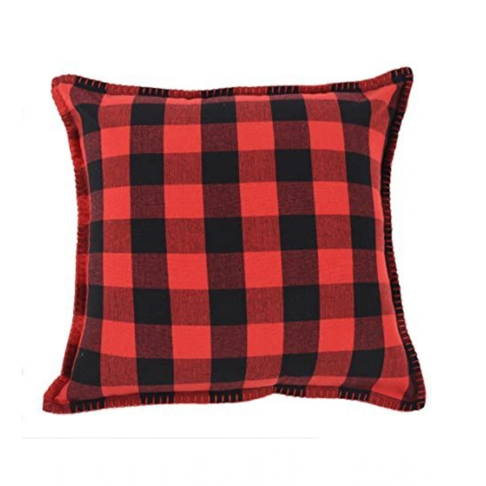 Pack of 2 Cotton Checkered Cushion Cover With Blanket Stitch (Red &amp; Black, Size: 24x24 In)