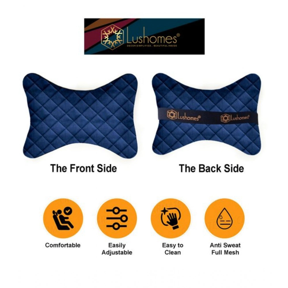 Pack of 2 Velvet Checked  Bone Neck Pillow (Navy Blue, Size: 6x10 In)