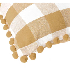 Pack of 2 Cotton Checkered Cushion Cover With Pom Pom (Beige, Size: 20x20 In)