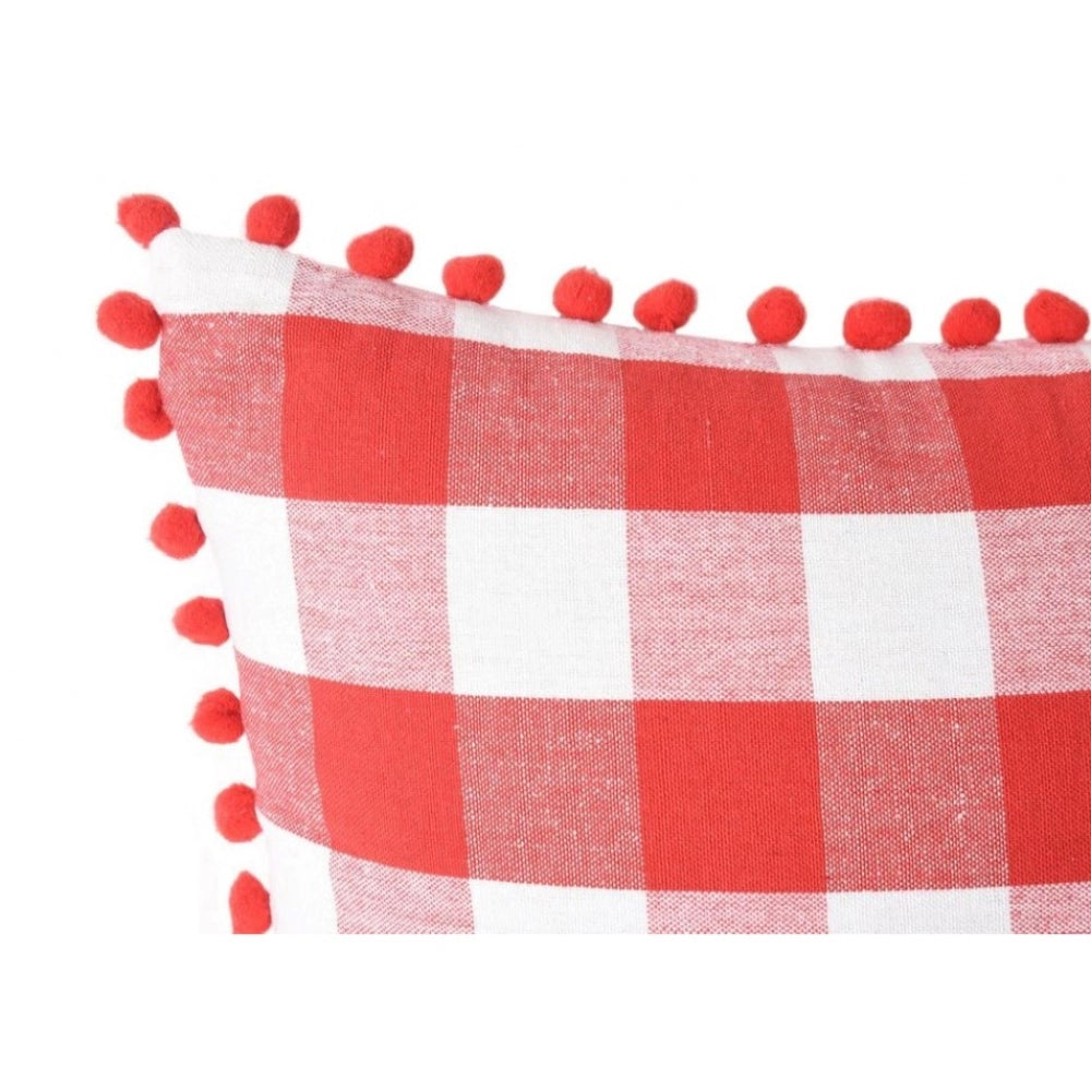 Pack of 2 Cotton Checkered Cushion Cover With Pom Pom (Red, Size: 12x20 In)