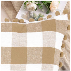 Pack of 2 Cotton Checkered Cushion Cover With Pom Pom (Beige, Size: 20x20 In)