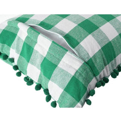 Pack of 2 Cotton Checkered Cushion Cover With Pom Pom (Green, Size: 12x20 In)